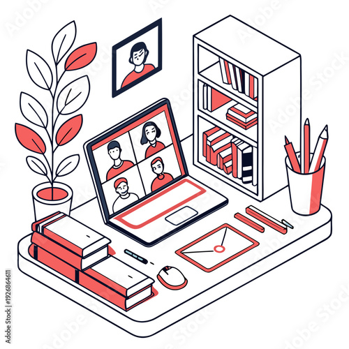 Online video call meeting with multiple participants on a laptop screen, home office setup, isometric illustration