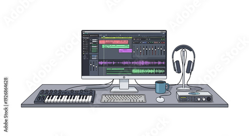Digital Music Production Setup with Computer and Keyboard.