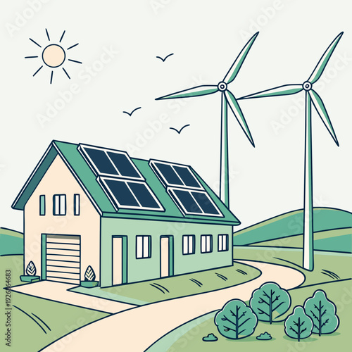 Sustainable home powered by solar panels on the roof and wind turbines nearby, eco-friendly living concept