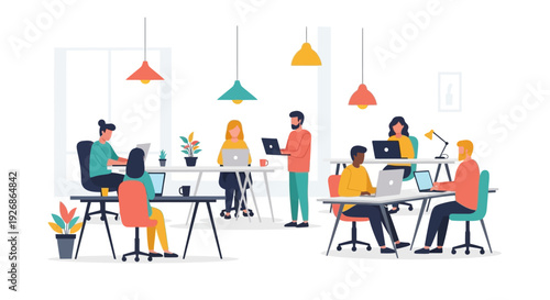 Diverse group of people working collaboratively in a modern office space.