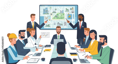 Diverse business team collaborating in a modern meeting room.