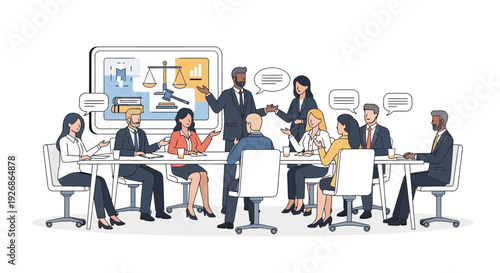Diverse group of professionals in a business meeting discussing legal matters.