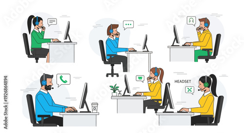 Diverse group of people working in a call center environment.