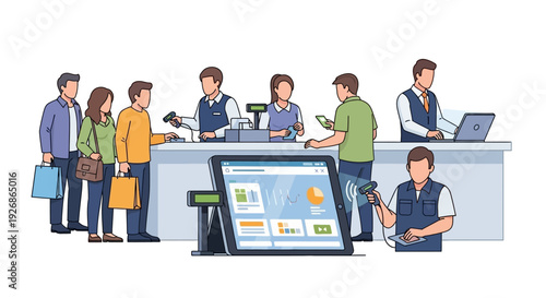 Customers queue at a retail store checkout counter with cashiers serving them.