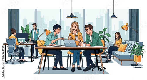 Diverse team collaborating in a modern office environment.