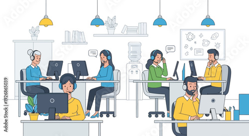 Diverse group of people working in a modern office setting.