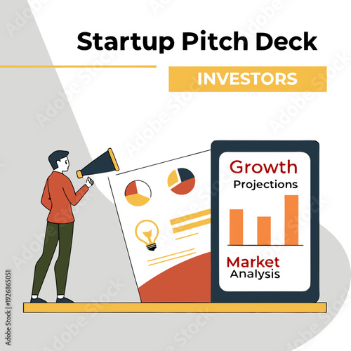 Startup founder uses a megaphone to present growth projections and market analysis to potential investors.