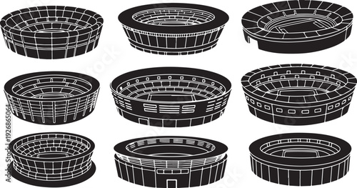 Collection of various black and white stadium illustrations