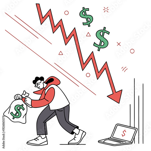 Man with money bag looking frustrated as stock market graph plummets, symbolizing financial loss and economic crisis.