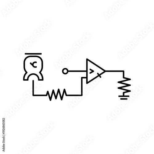 A minimalist line diagram of an electronic circuit featuring a capacitor, resistors, and an operational amplifier on a white background.