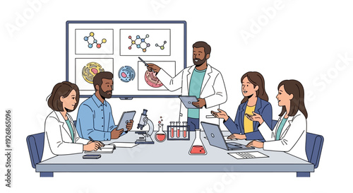 Diverse group of scientists collaborating in a modern laboratory meeting.