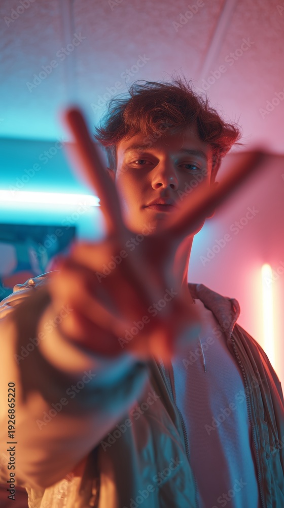 Fototapeta premium Young man poses with peace sign in colorful light setting in an indoor space