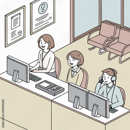 Isometric illustration of a reception area and office workstations with smiling staff assisting clients, depicting a welcoming business environment.