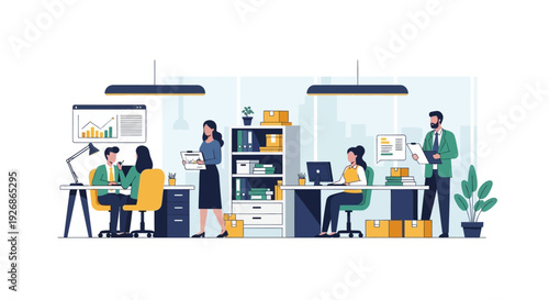 Diverse team collaborating in a modern office environment.