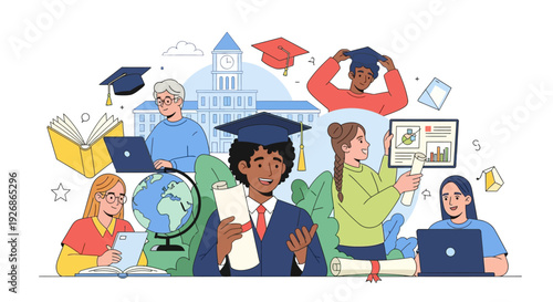 Diverse group of students celebrating graduation and learning.