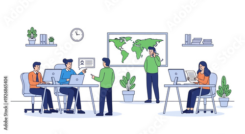 Diverse team collaborating in a modern office environment.