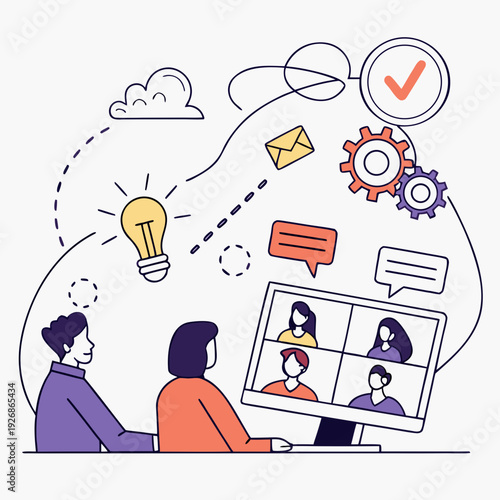 Team in a video conference call, discussing ideas and projects on a computer screen, remote work concept