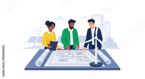 Diverse team collaborates on sustainable energy project blueprint.