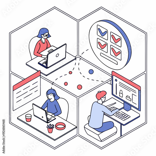 Isometric view of people working remotely in separate cubicles, connected by dotted lines, task completion checklist