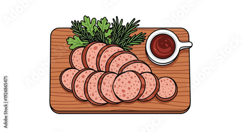Flat lay illustration of sliced sausages on a wooden cutting board with herbs and a dipping sauce.