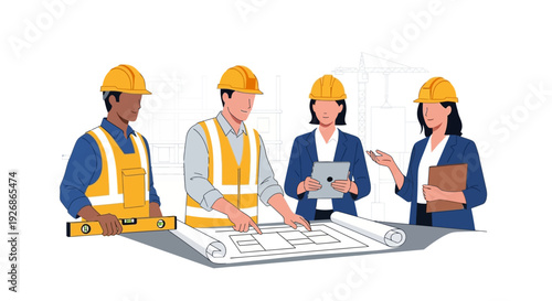 Diverse construction team collaborating on blueprints.