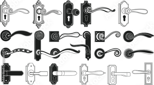 Vintage door handle set vector collection with classic ornamental knobs and levers isolated