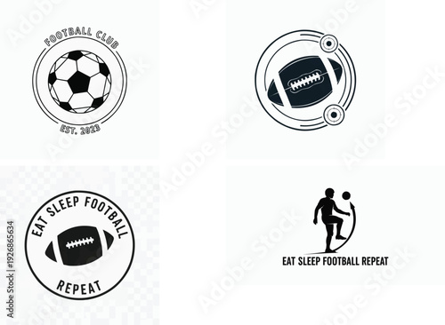 Set of four football logos with soccer ball and american football designs