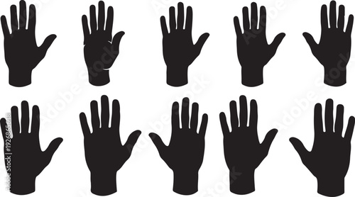 Silhouette of multiple hands raised in different positions together