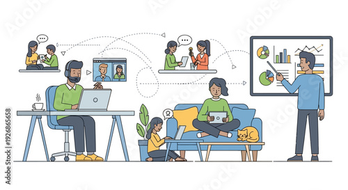 Diverse group collaborating and learning remotely in a modern setting.