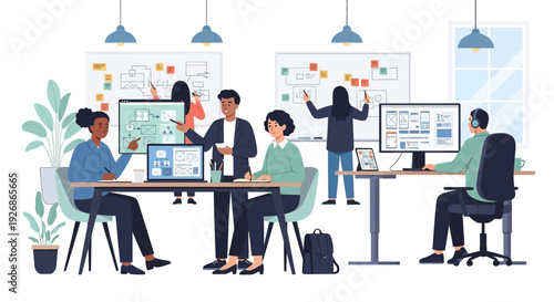 Diverse team collaborating in a modern office environment.