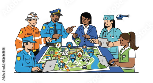 Diverse group of professionals collaborating around a map.