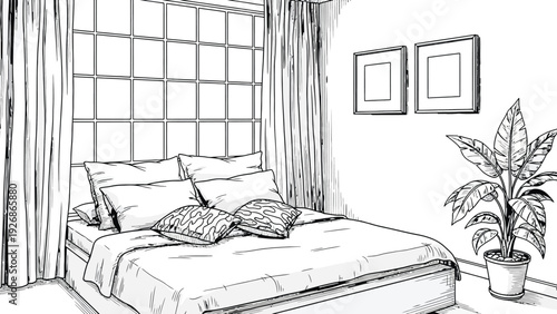 Line drawing of a cozy bedroom with a large bed, fluffy pillows, and a patterned throw blanket. A potted plant and framed pictures add calm decor.