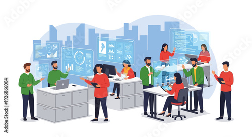 Diverse group of business professionals collaborating in a modern office environment.