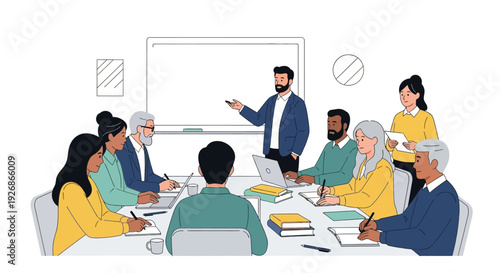 Diverse group of people attending a business meeting presentation.