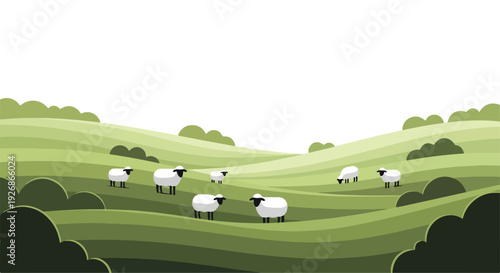 Illustration of a flock of sheep grazing in a lush green landscape with rolling hills and trees.