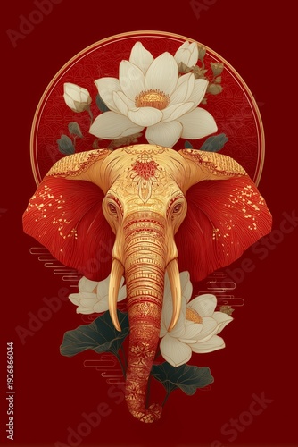 decorative elephant head illustration with ornate floral patterns in southeast asian and indian artistic style