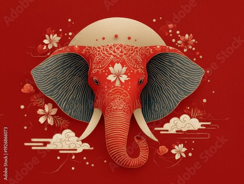 decorative elephant head illustration with ornate floral patterns in southeast asian and indian artistic style