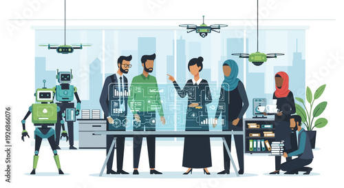 Diverse team collaborates with robots and drones in modern office.