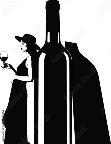 Woman Holding Wine Glass beside Large Bottle Silhouette