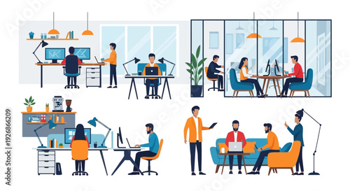 Diverse group of people collaborating and working in modern office environments.