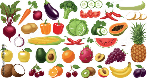 Fresh Fruits and Vegetables Collection with Tropical Produce, Berries and Healthy Organic Food Flat Vector Illustration Set