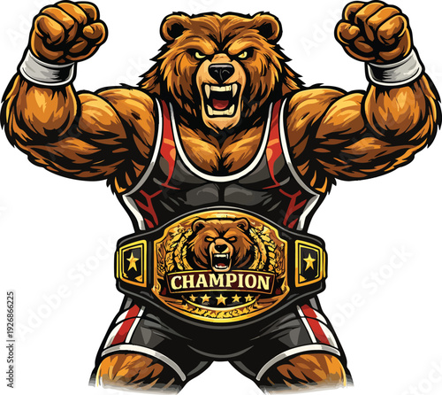 Champion Bear Wrestler Mascot Illustration with Championship Belt – Muscular Roaring Animal Character for Sports Team Logo, Wrestling Emblem, Esports Branding, Gym T-shirt Design