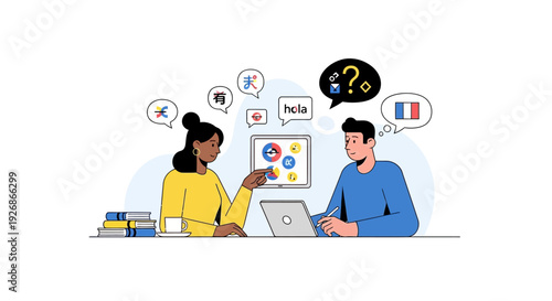 Diverse people learning languages with technology and symbols.