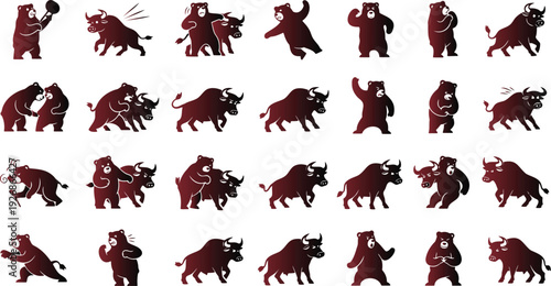 Collection of brown bear and bull silhouettes in various poses on white background for business and finance concepts  stock vector graphics