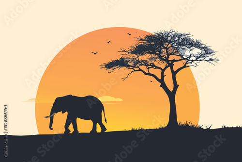 Elephants walking in silhouette across the savanna at sunset