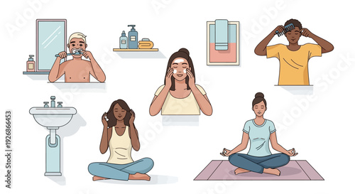 Diverse people practicing self care and wellness routines.