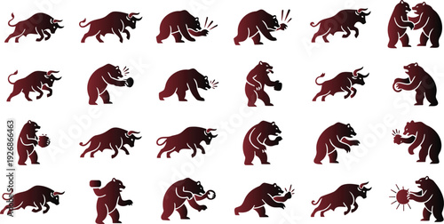 Collection of red bull and bear silhouettes in various fighting and wrestling poses on white background