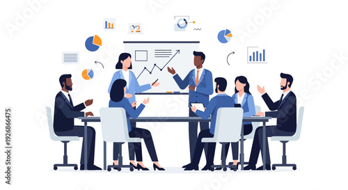 Diverse business team collaborating in a modern office meeting.