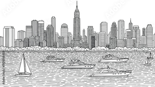 Line drawing of a city skyline featuring tall skyscrapers and a calm river in the foreground. Several boats and sailboats float on the water.
