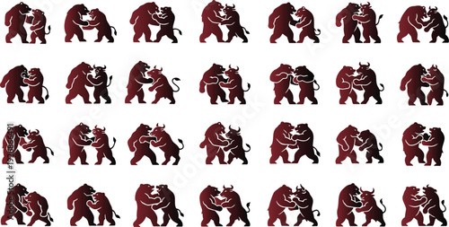 Red and black bulls and bears fighting each other in various poses on white background